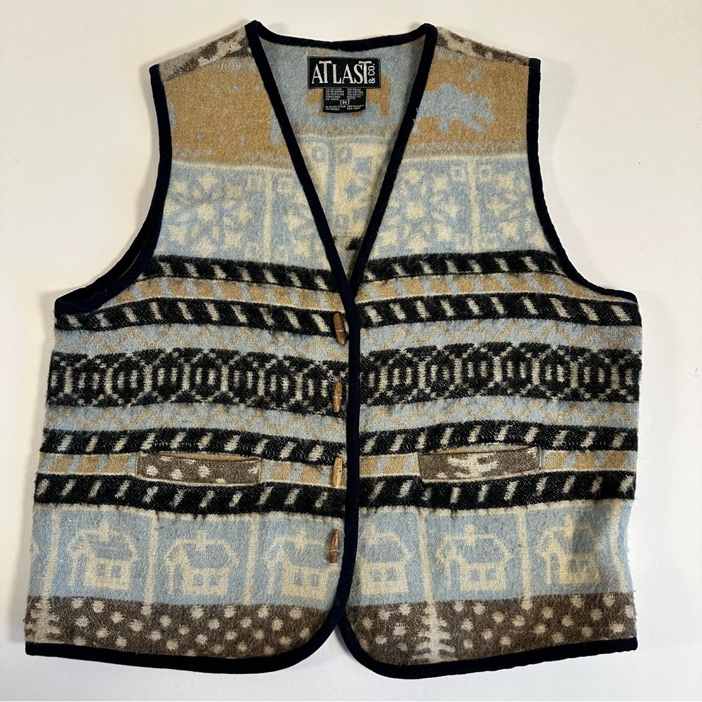 Atlas Wool Blend Vest Medium Lodgecore Boho Western Cottagecore Rustic Blue Tan